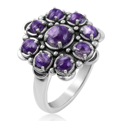 Sterling Silver Charoite Round Cut Flower Cluster Ring