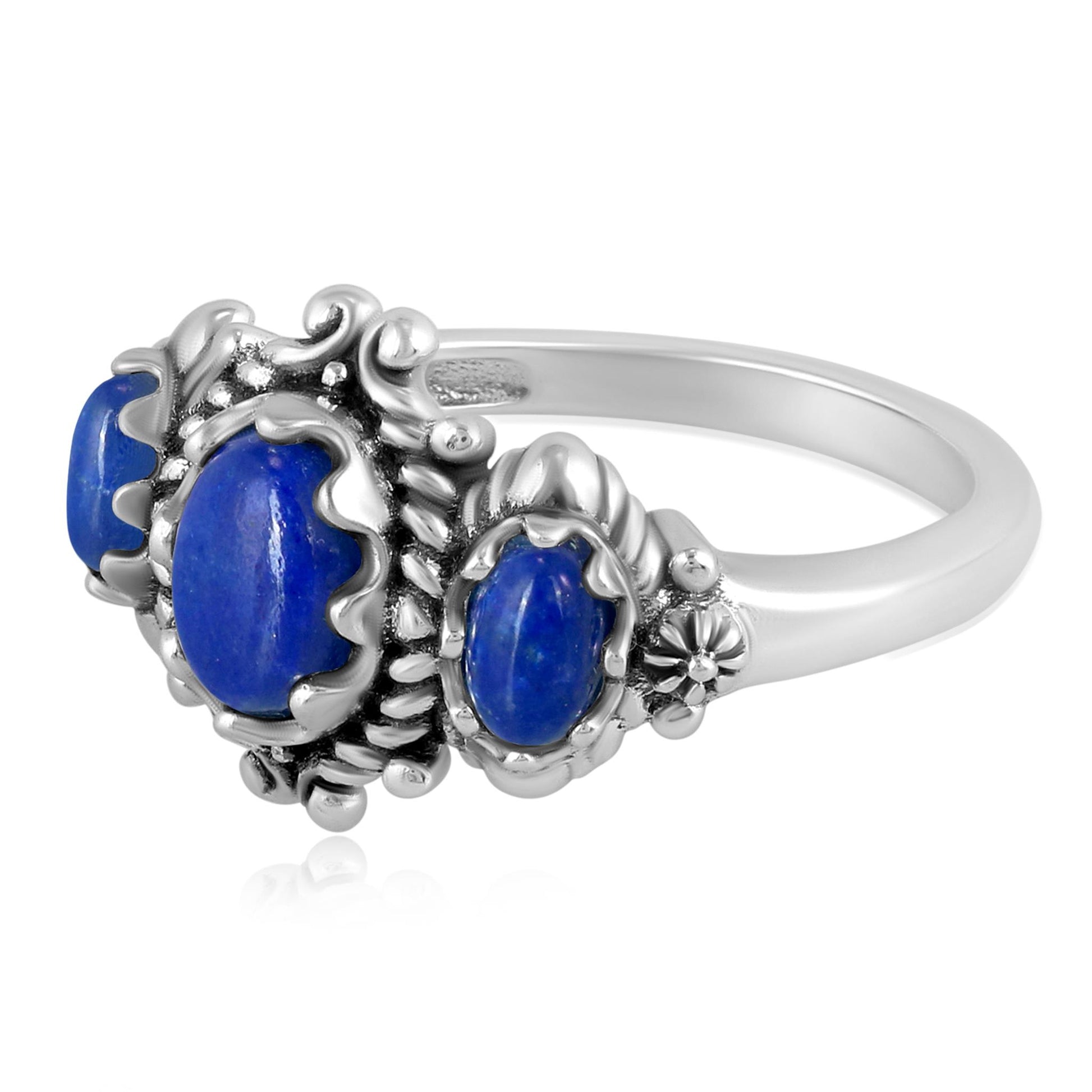 Sterling Silver Lapis 3-Stone Oval Scalloped Bezel Ring, Sizes 5 to 10