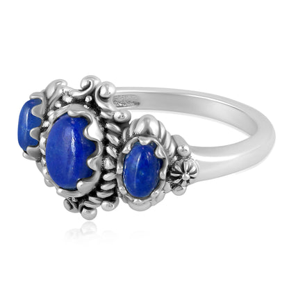 Sterling Silver Lapis 3-Stone Oval Scalloped Bezel Ring, Sizes 5 to 10