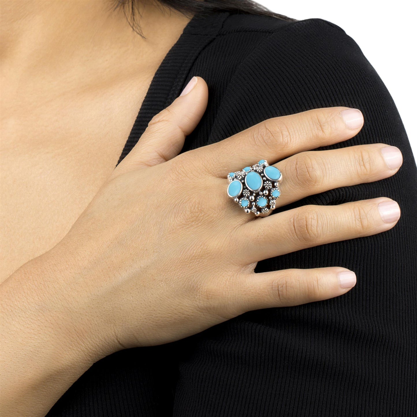 Sterling Silver Sleeping Beauty Turquoise 9-Stone Cluster Ring