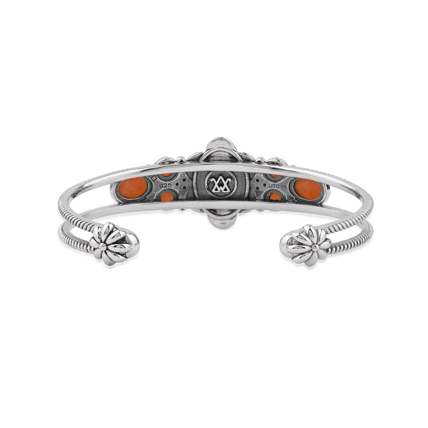  Sterling Silver Orange Spiny Oyster Oval and Round Open Cuff Bracelet