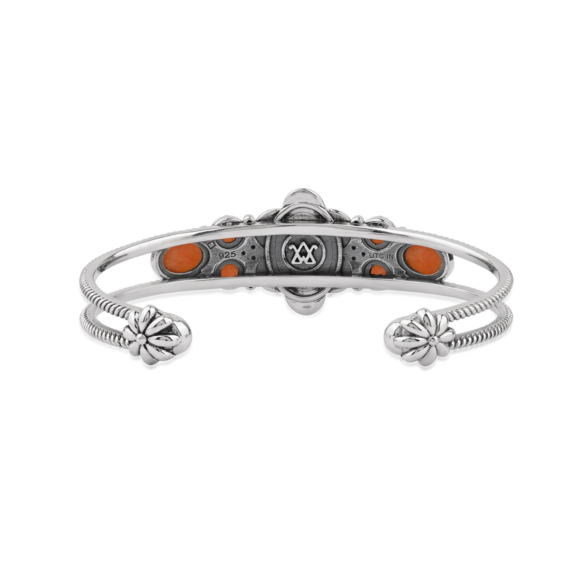  Sterling Silver Orange Spiny Oyster Oval and Round Open Cuff Bracelet