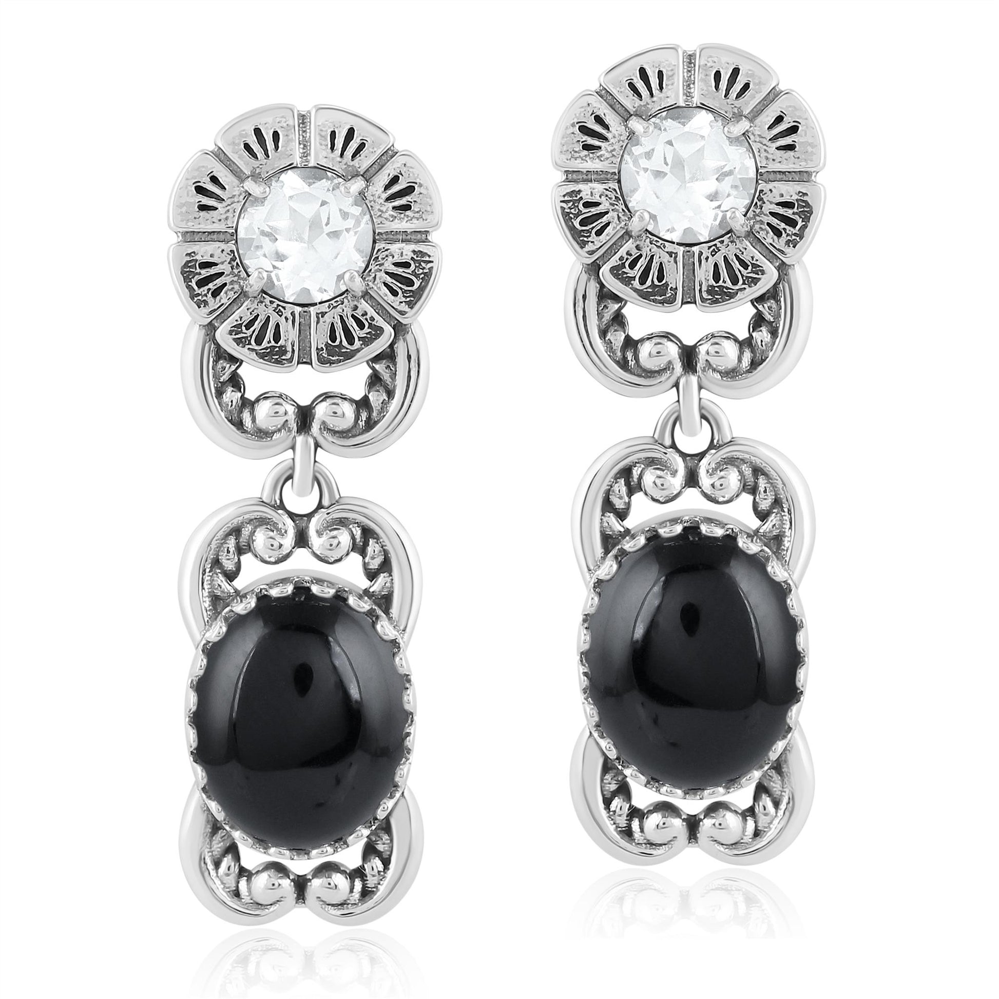 Sterling Silver Black Agate White Topaz Desert Bloom Dangle Earrings