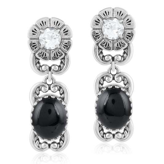 Sterling Silver Black Agate White Topaz Desert Bloom Dangle Earrings