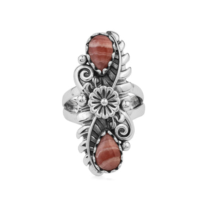  Sterling Silver Rhodochrosite Pear-Cut Leaf and Flower Ring 