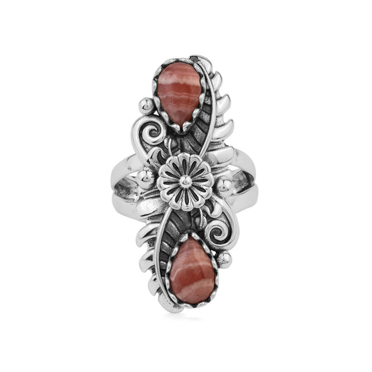  Sterling Silver Rhodochrosite Pear-Cut Leaf and Flower Ring 