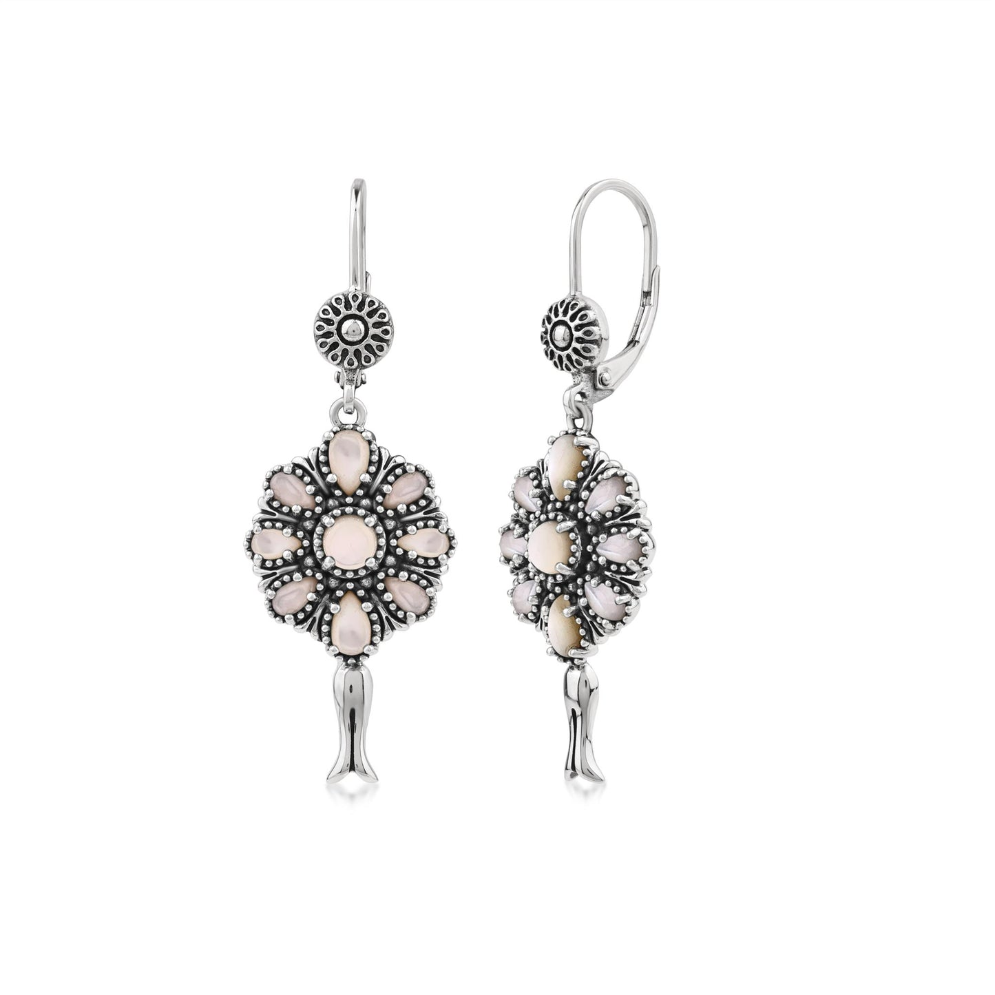  Sterling Silver White Mother of Pearl Flower Cluster Squash Blossom Earrings