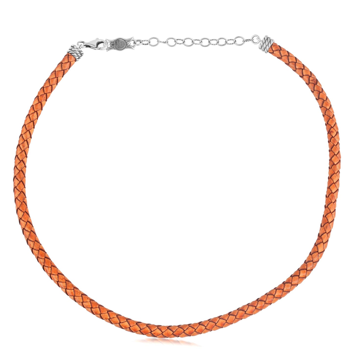 Braided Genuine Antique Orange Leather Sterling Silver Necklace, 17 to 20 Inches