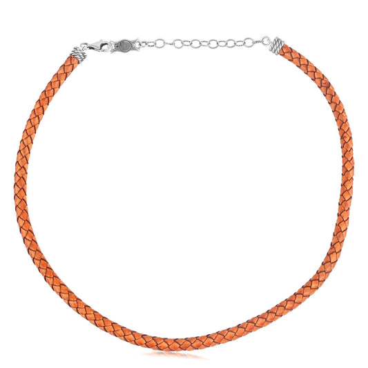 Braided Genuine Antique Orange Leather Sterling Silver Necklace, 17 to 20 Inches