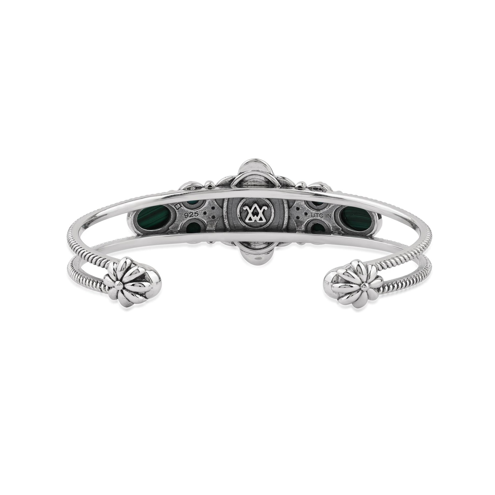  Sterling Silver Malachite Oval and Round Open Cuff Bracelet