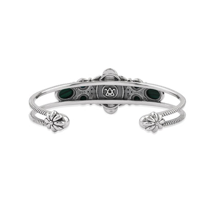  Sterling Silver Malachite Oval and Round Open Cuff Bracelet