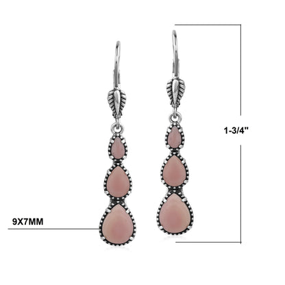 Sterling Silver Pink Concha Shell 3-Pear Drop Lever Back Earrings