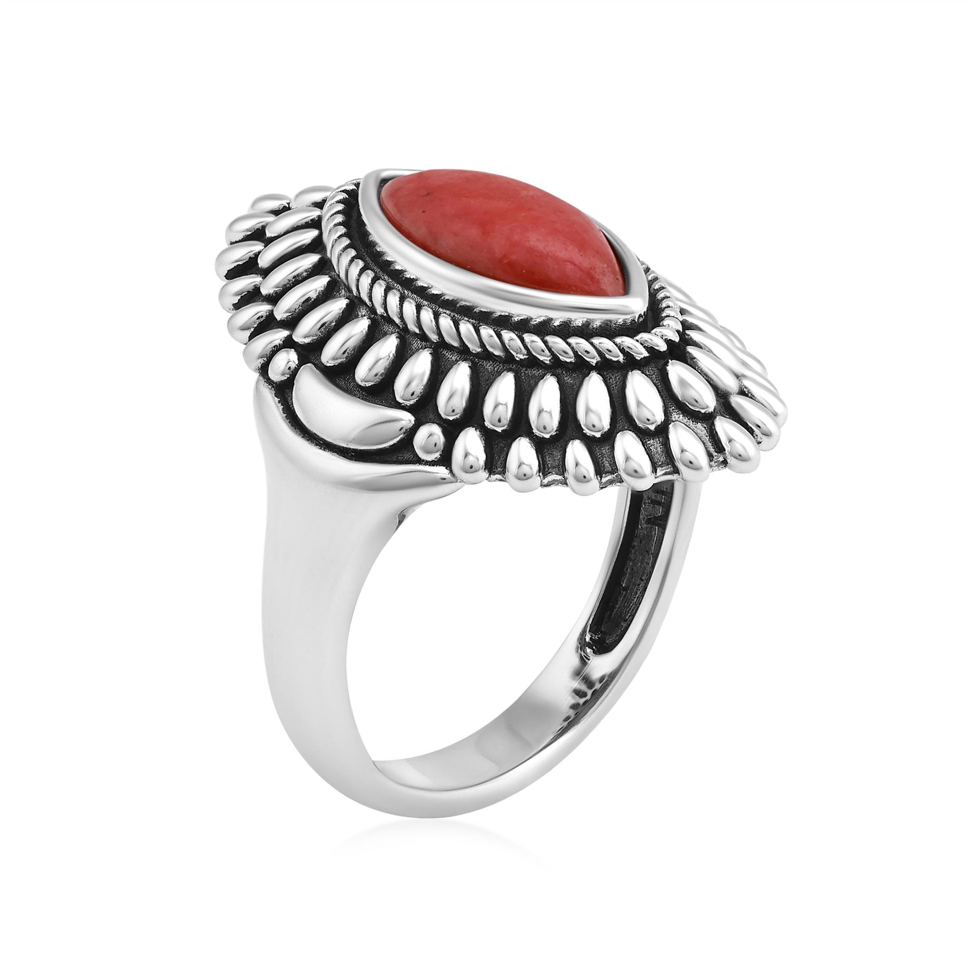 Sterling Silver Rhodonite Marquise Cut Rope and Bead Ring