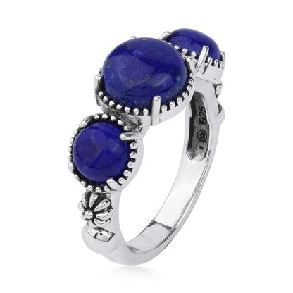 Sterling Silver Lapis Oval 3 Stone Concha and Bead Ring