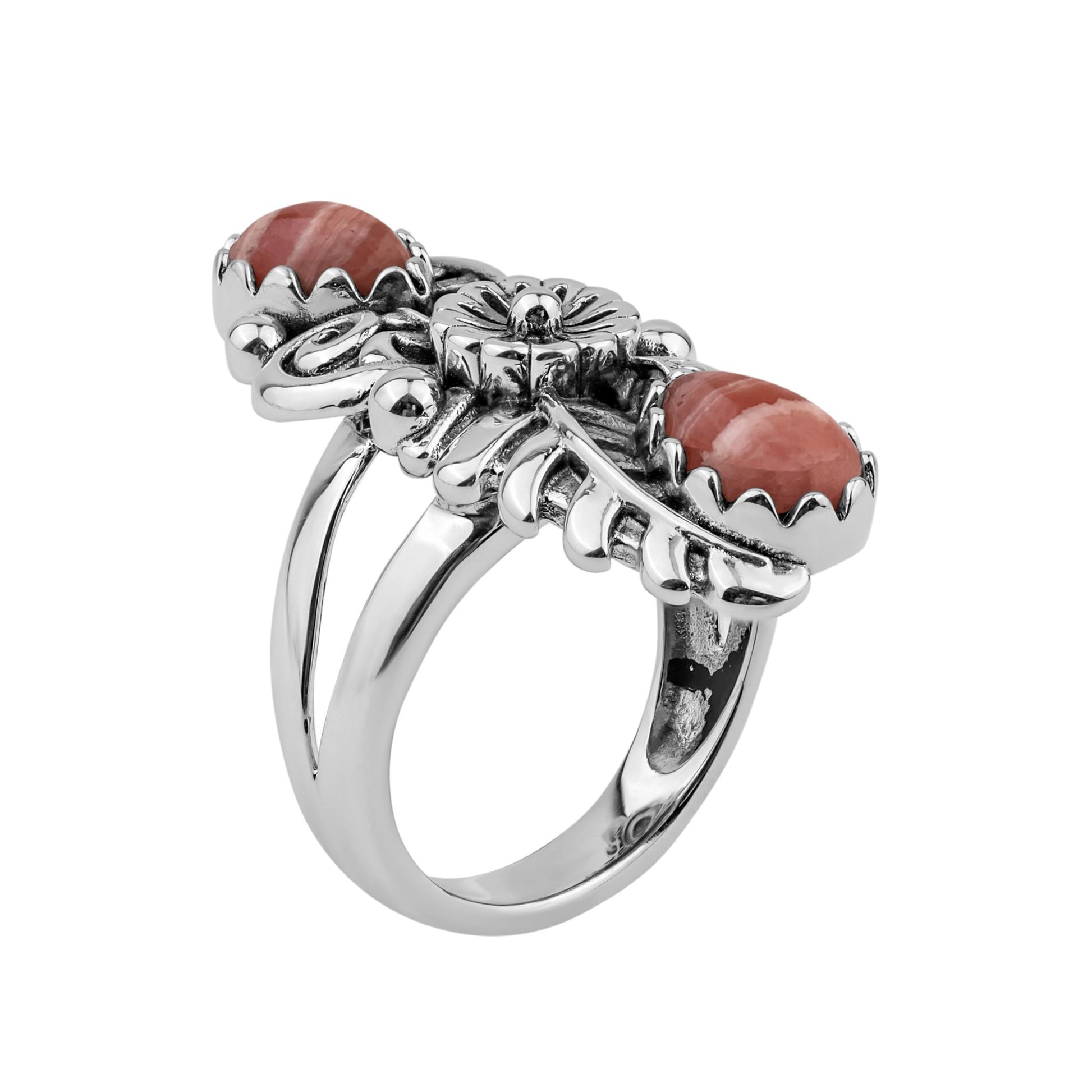  Sterling Silver Rhodochrosite Pear-Cut Leaf and Flower Ring 