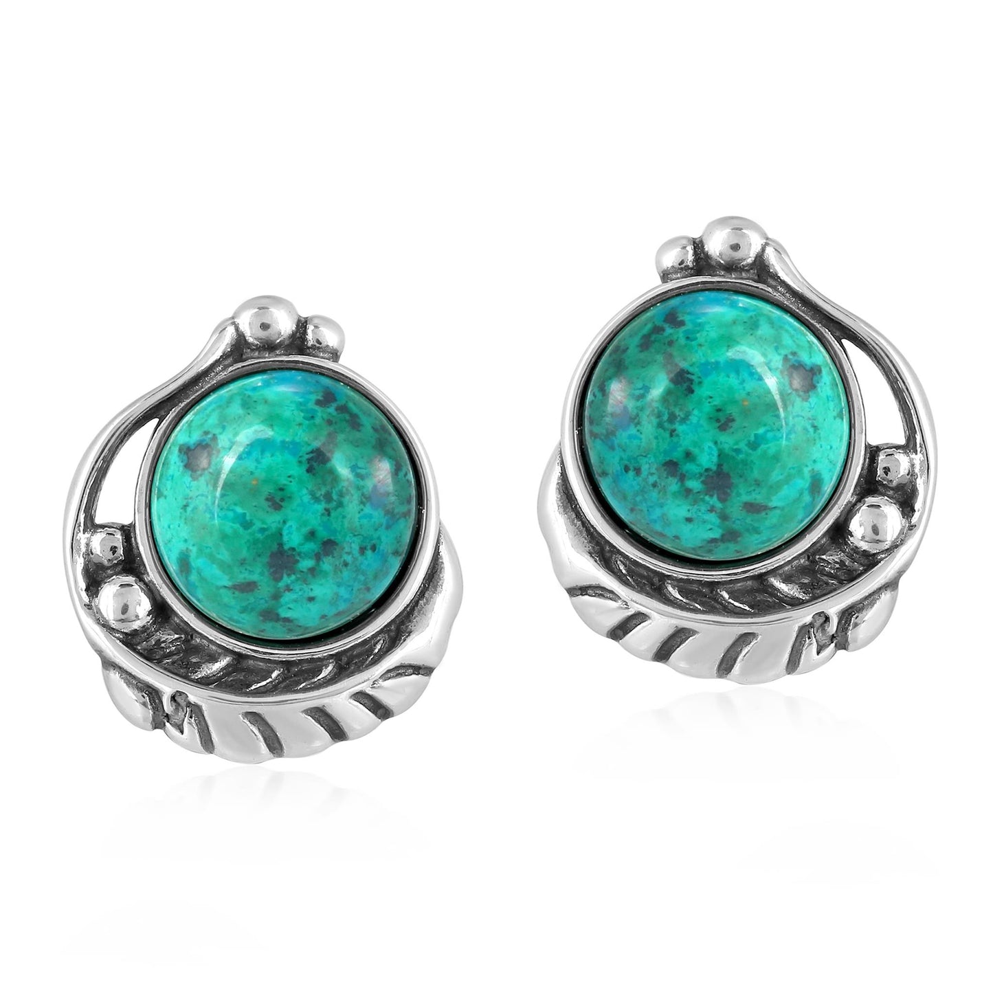 Sterling Silver Chrysocolla Leaf Design Button Earrings