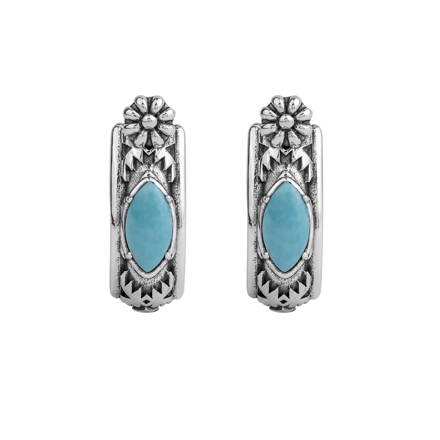 Sterling Silver Kingman Turquoise Marquise Cut Huggie Hoop Earrings 