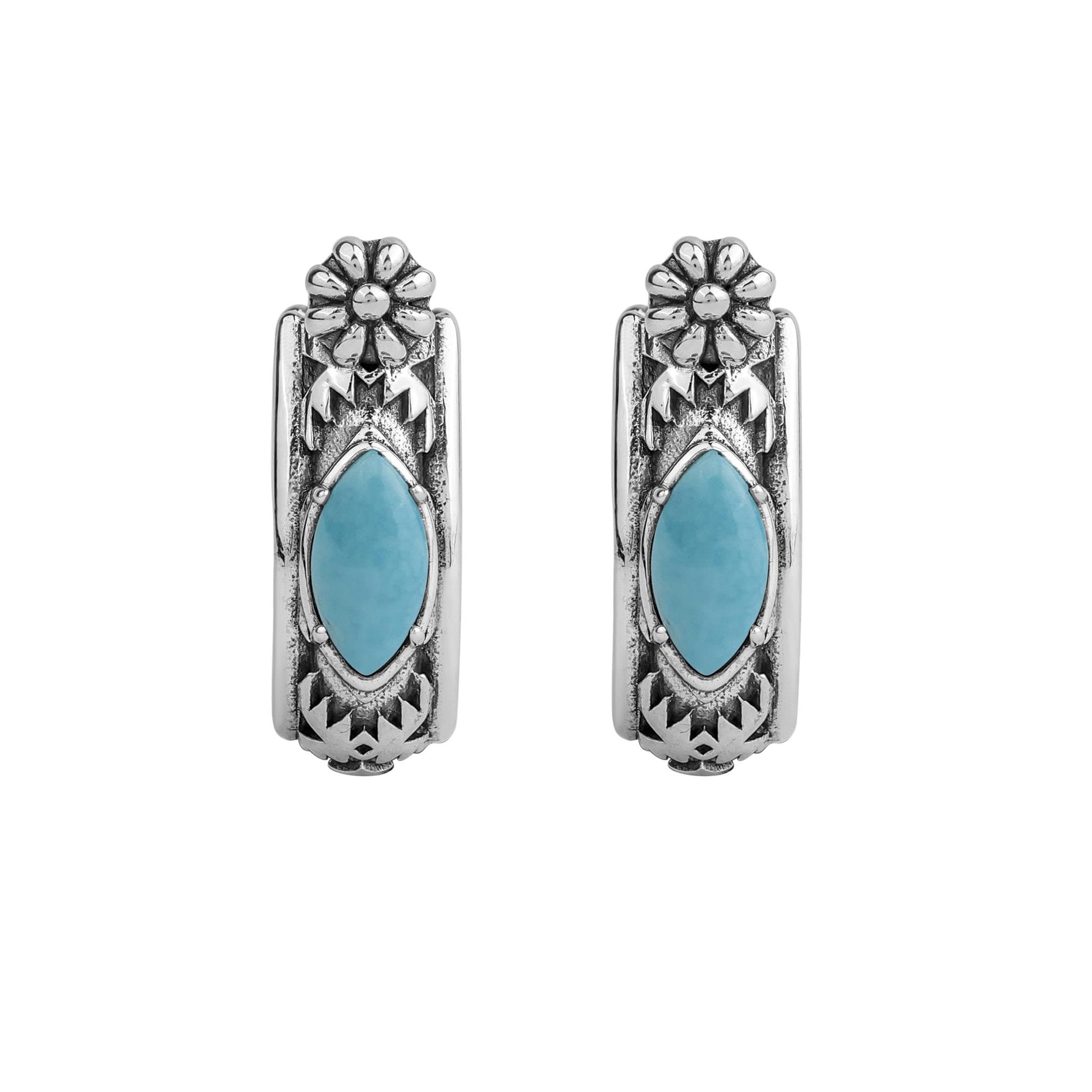 Sterling Silver Kingman Turquoise Marquise Cut Huggie Hoop Earrings 