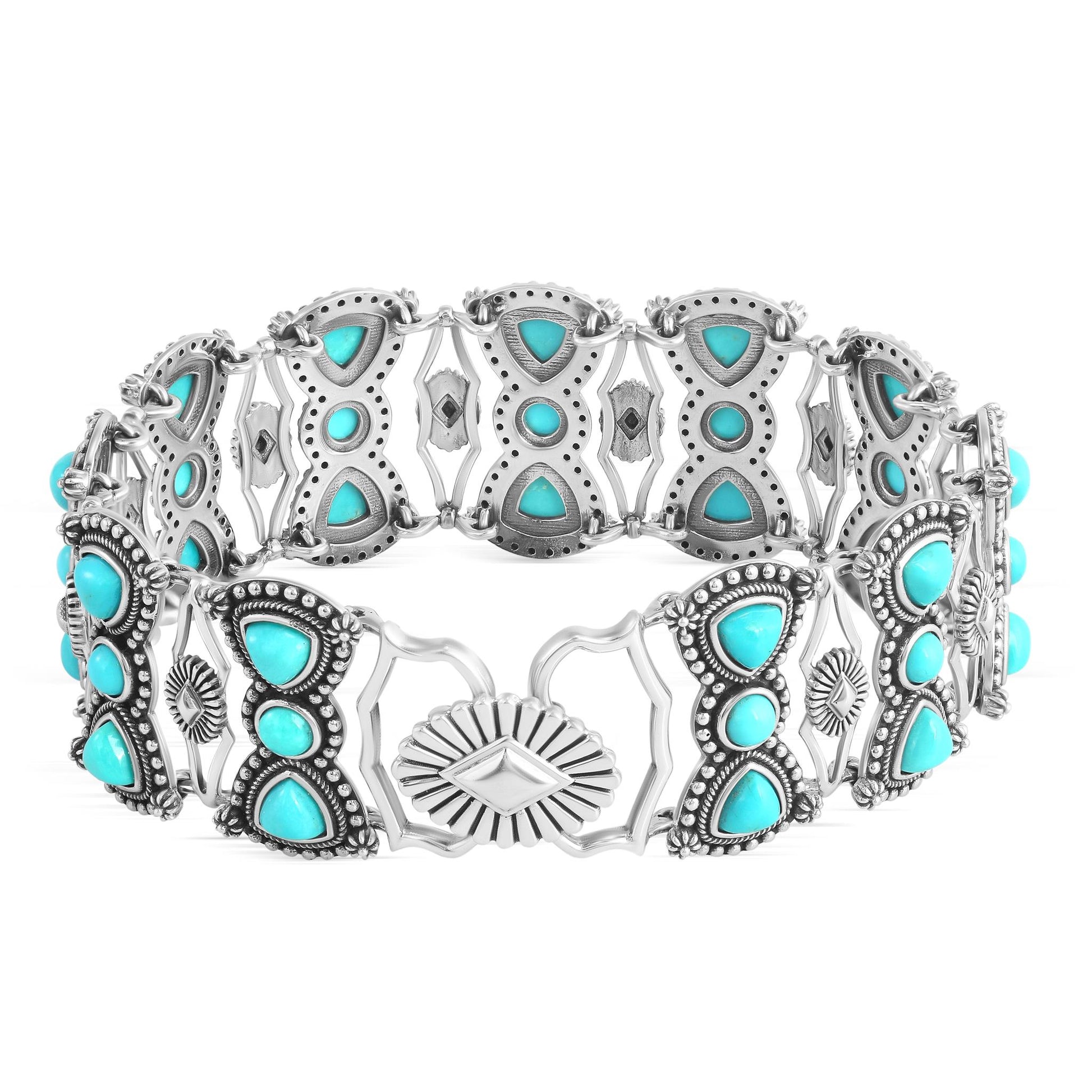 Sterling Silver Kingman Turquoise Round and Trillion Cut Link Bracelet, Sizes Small to Large