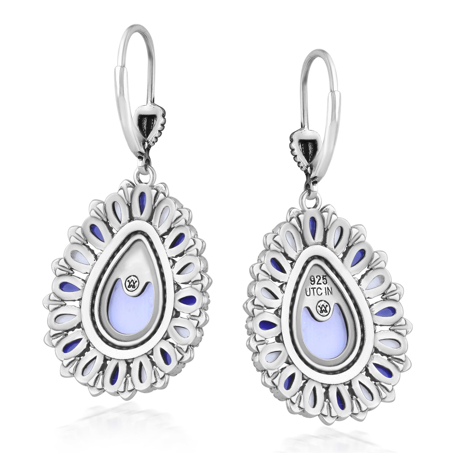 Sterling Silver Blue Lace Agate, Sodalite, and White Agate Cluster Pear Shaped Dangle Earrings