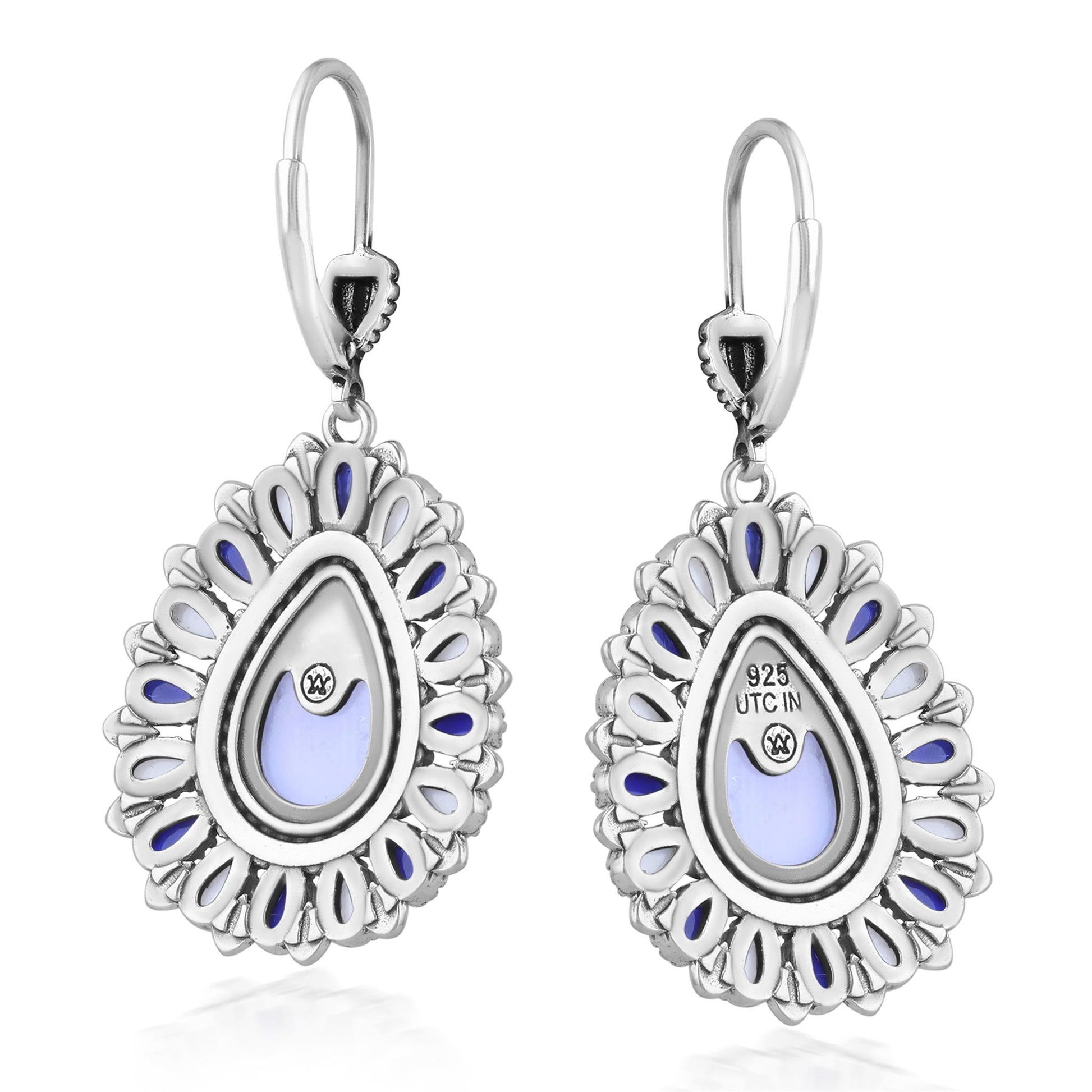 Sterling Silver Blue Lace Agate, Sodalite, and White Agate Cluster Pear Shaped Dangle Earrings