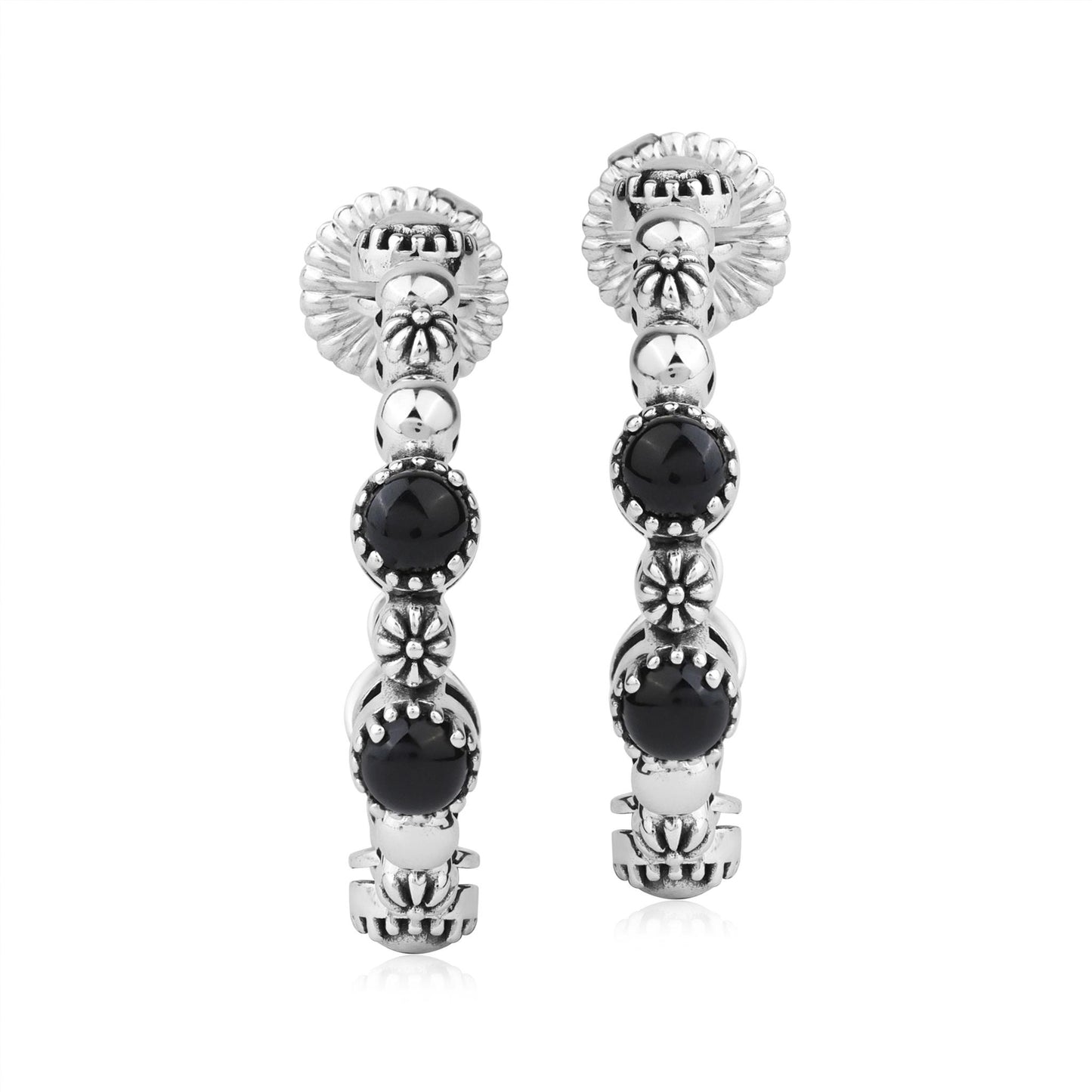 Sterling Silver Black Agate 1 Inch Concha Hoop Earrings 