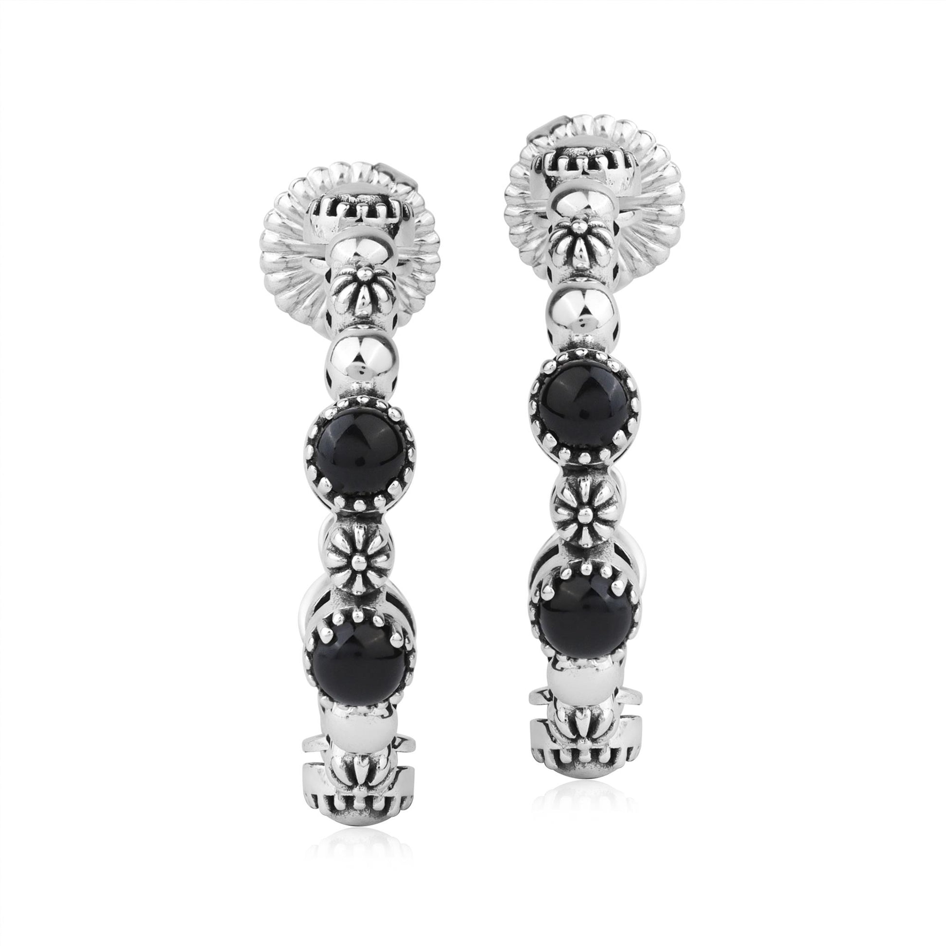 Sterling Silver Black Agate 1 Inch Concha Hoop Earrings 
