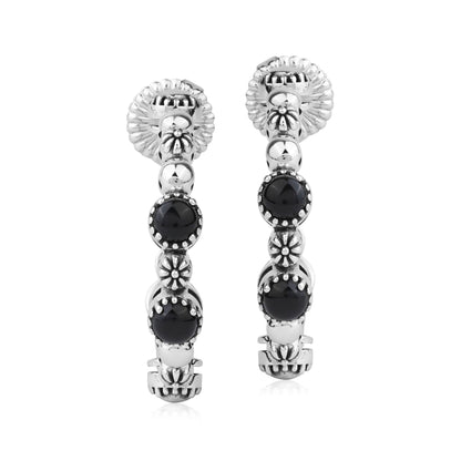 Sterling Silver Black Agate 1 Inch Concha Hoop Earrings 