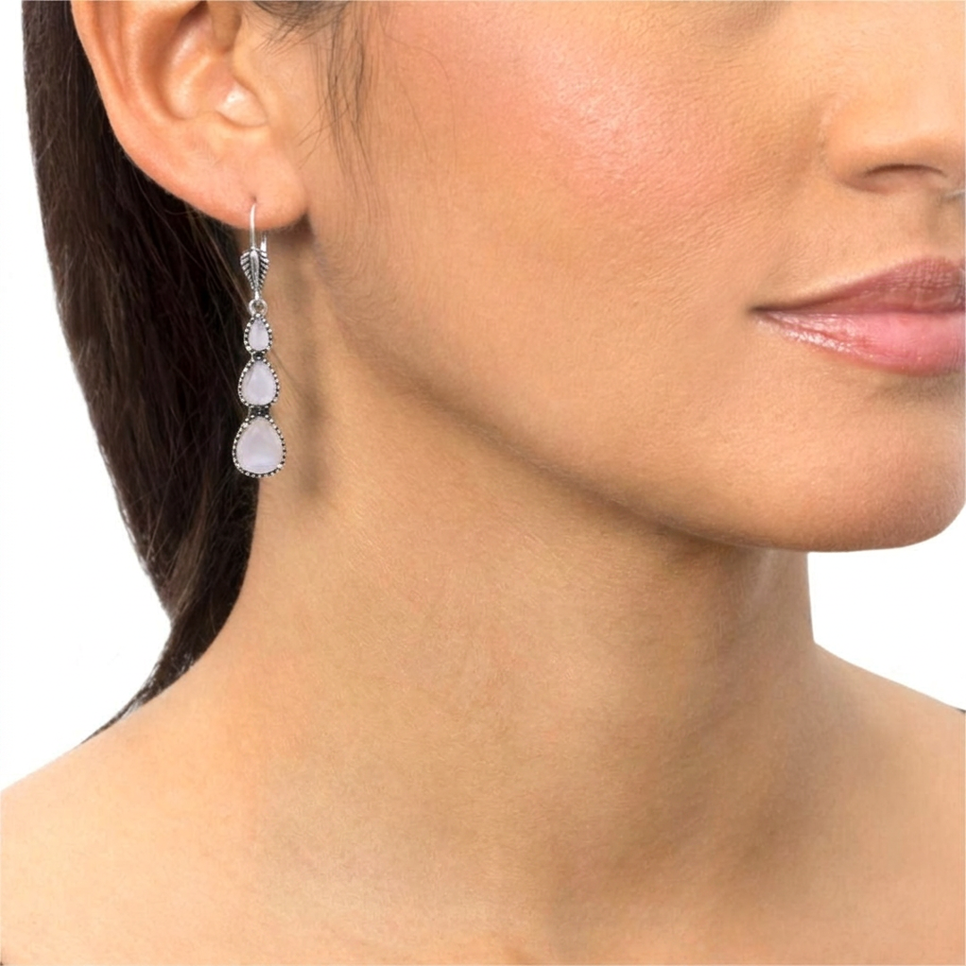  Sterling Silver White Mother of Pearl 3-Pear Drop Lever Back Earrings