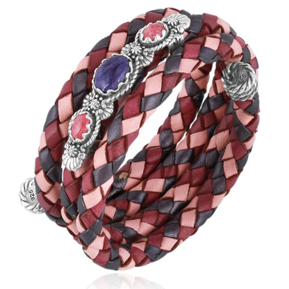 Sterling Silver Charoite and Rhodonite Pink Tonal Braided Leather Wrap Bracelet