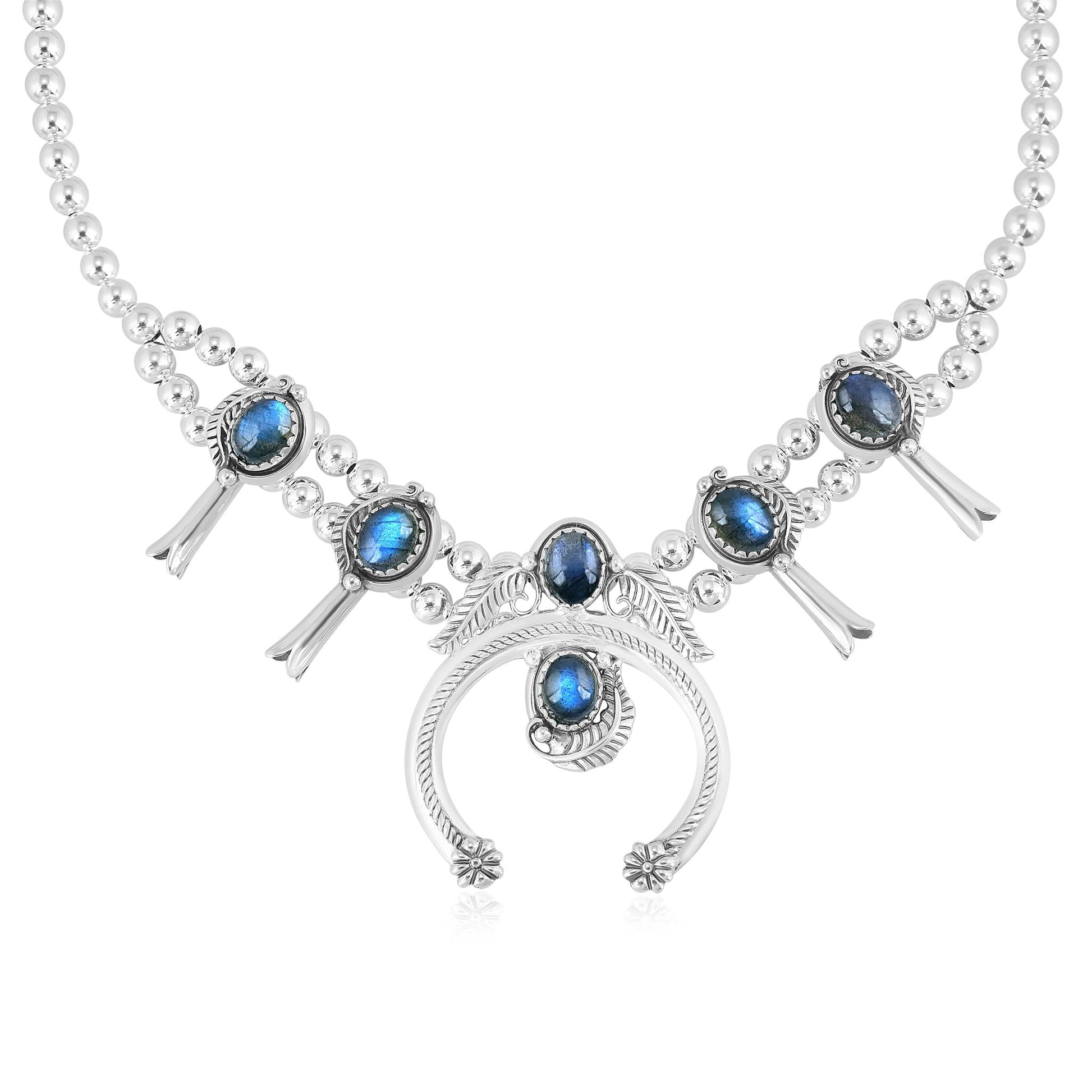 Sterling Silver Labradorite Squash Blossom Necklace 17 to 20 Inches