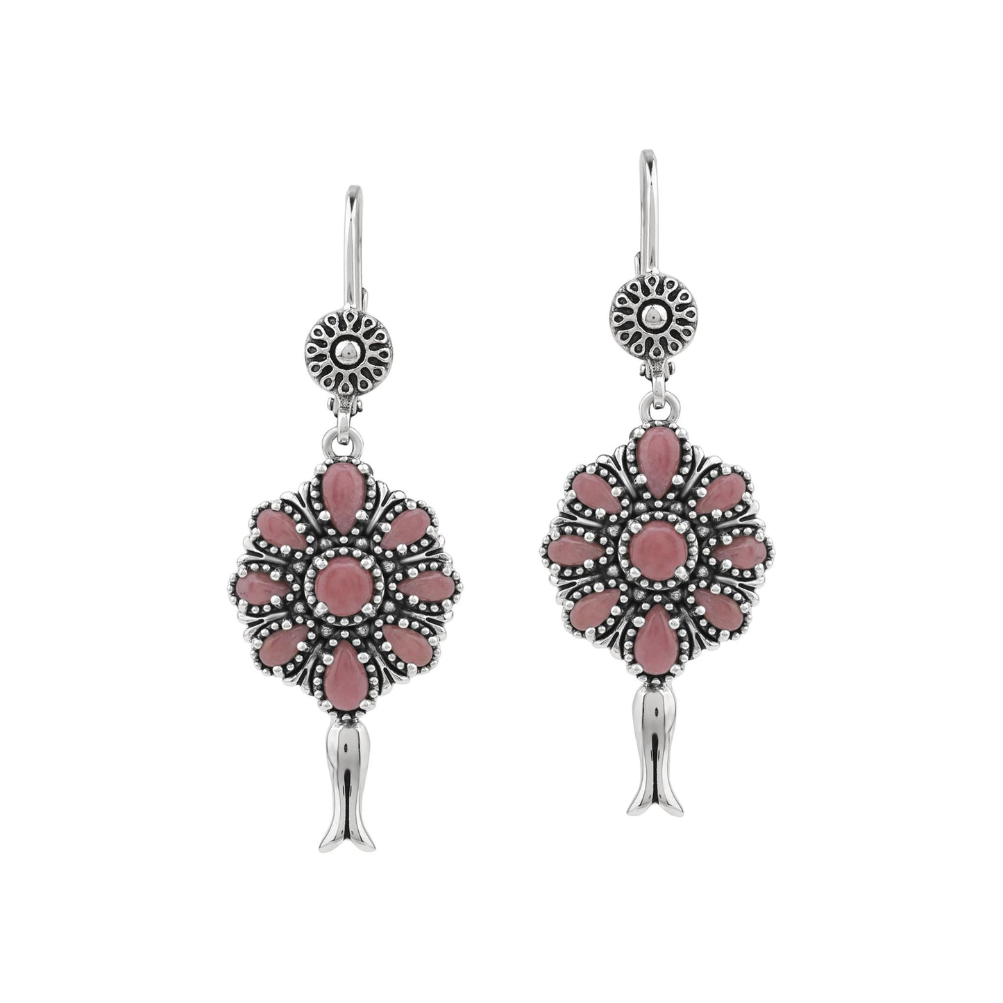  Sterling Silver Rhodonite Flower Cluster Squash Blossom Earrings