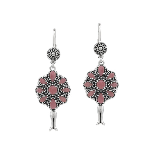  Sterling Silver Rhodonite Flower Cluster Squash Blossom Earrings