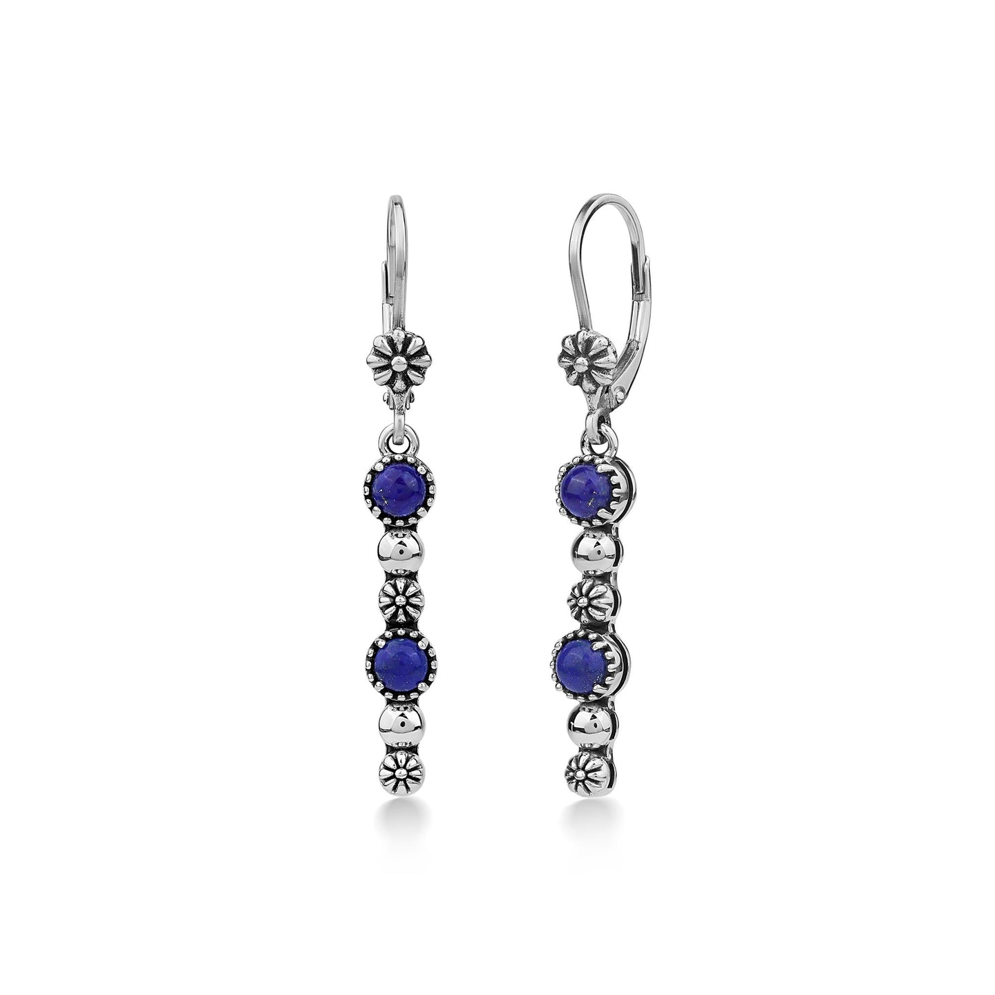 Sterling Silver Lapis Round Gemstone and Concha Linear Lever Back Earrings