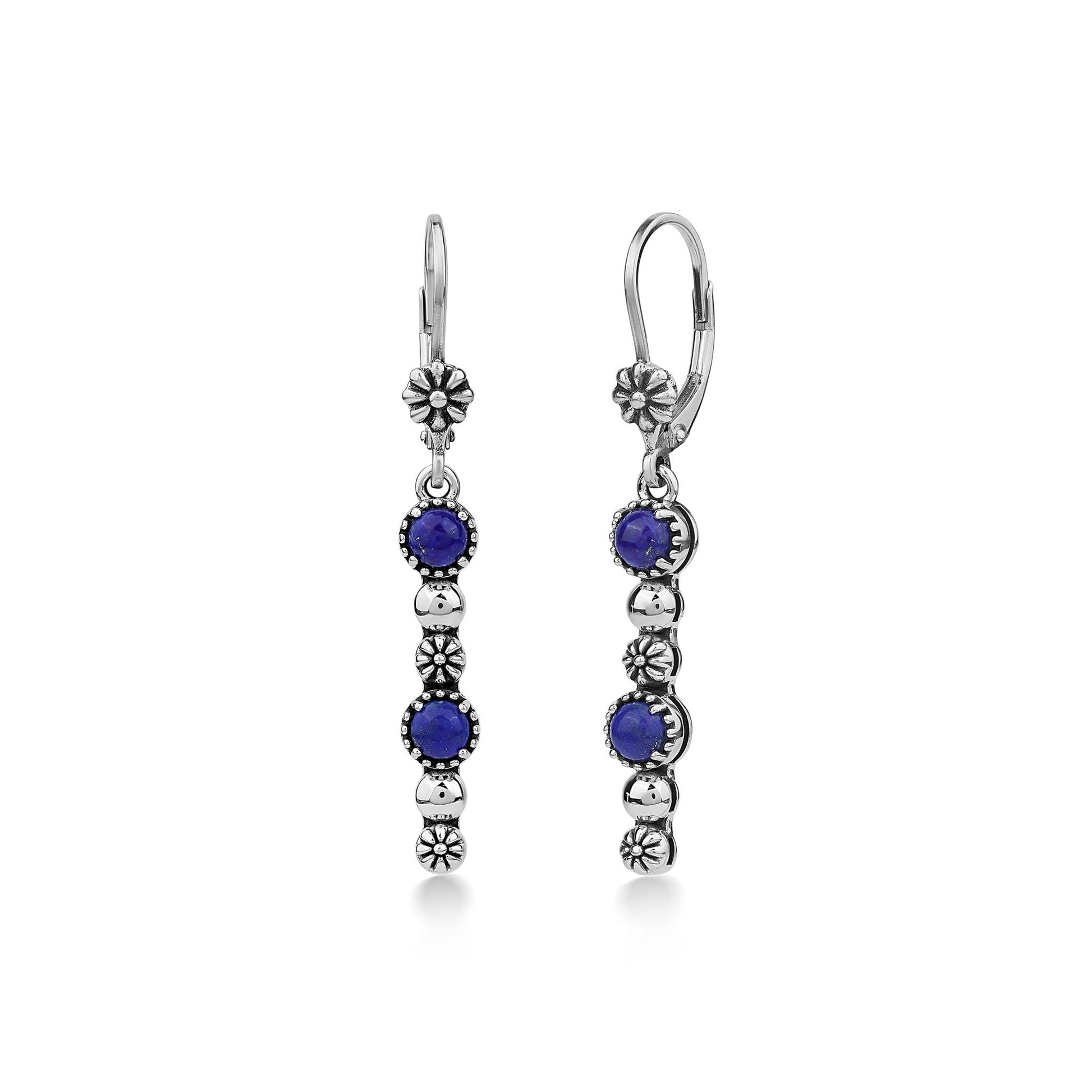 Sterling Silver Lapis Round Gemstone and Concha Linear Lever Back Earrings