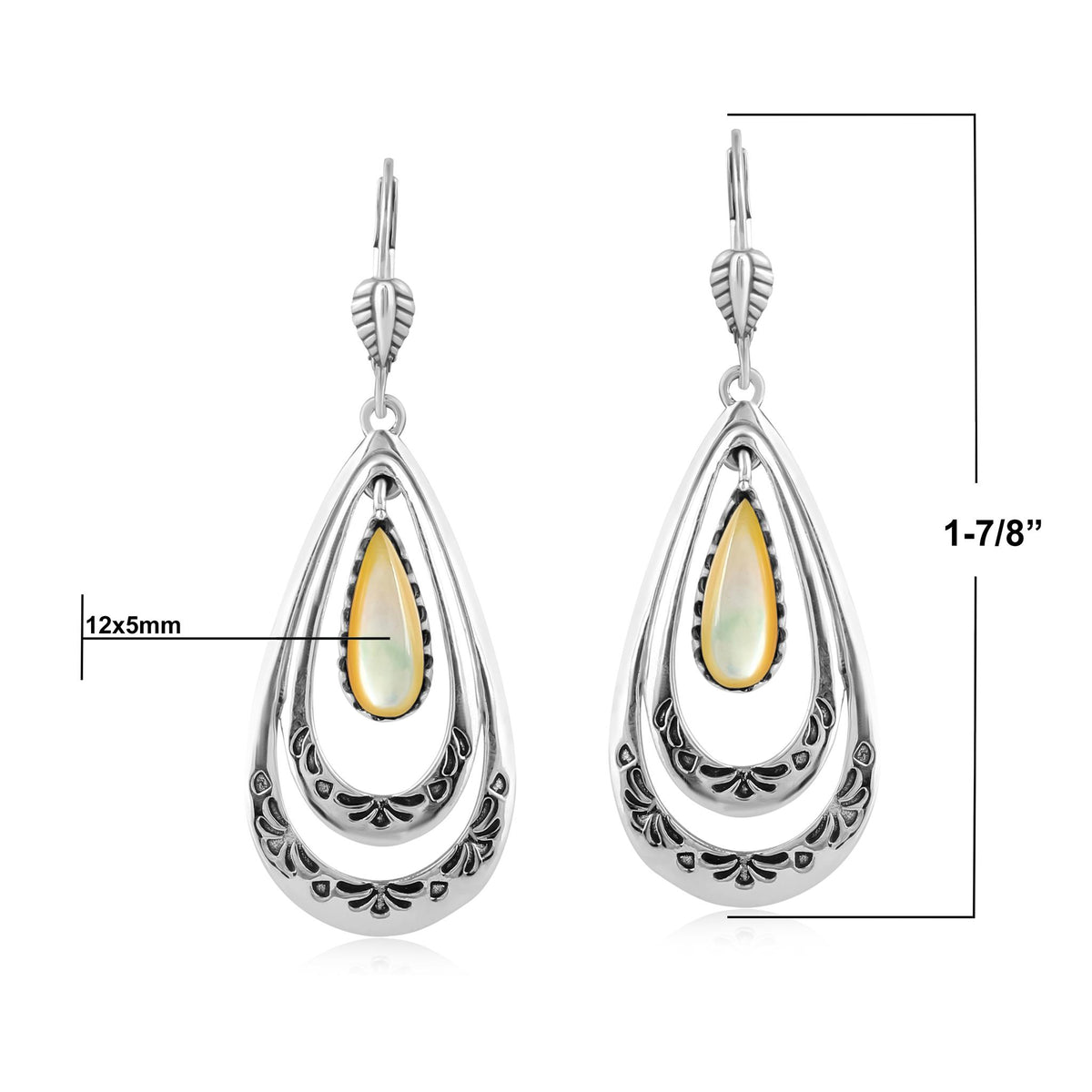 Sterling Silver Yellow Mother of Pearl Open Teardrop Lever Back Earrings