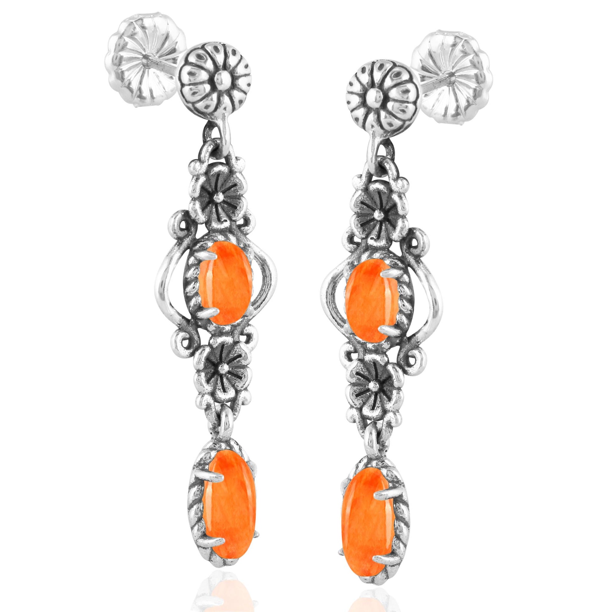 Sterling Silver Orange Spiny Oyster Gemstone Floral Dangle Earrings