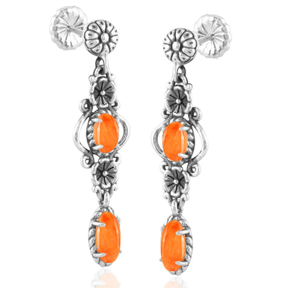Sterling Silver Orange Spiny Oyster Gemstone Floral Dangle Earrings