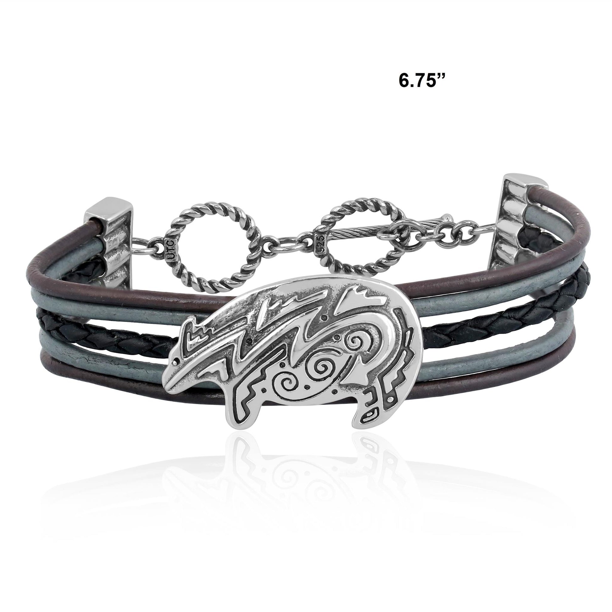 Sterling Silver Bear Design Multicolored Black Leather Toggle Bracelet