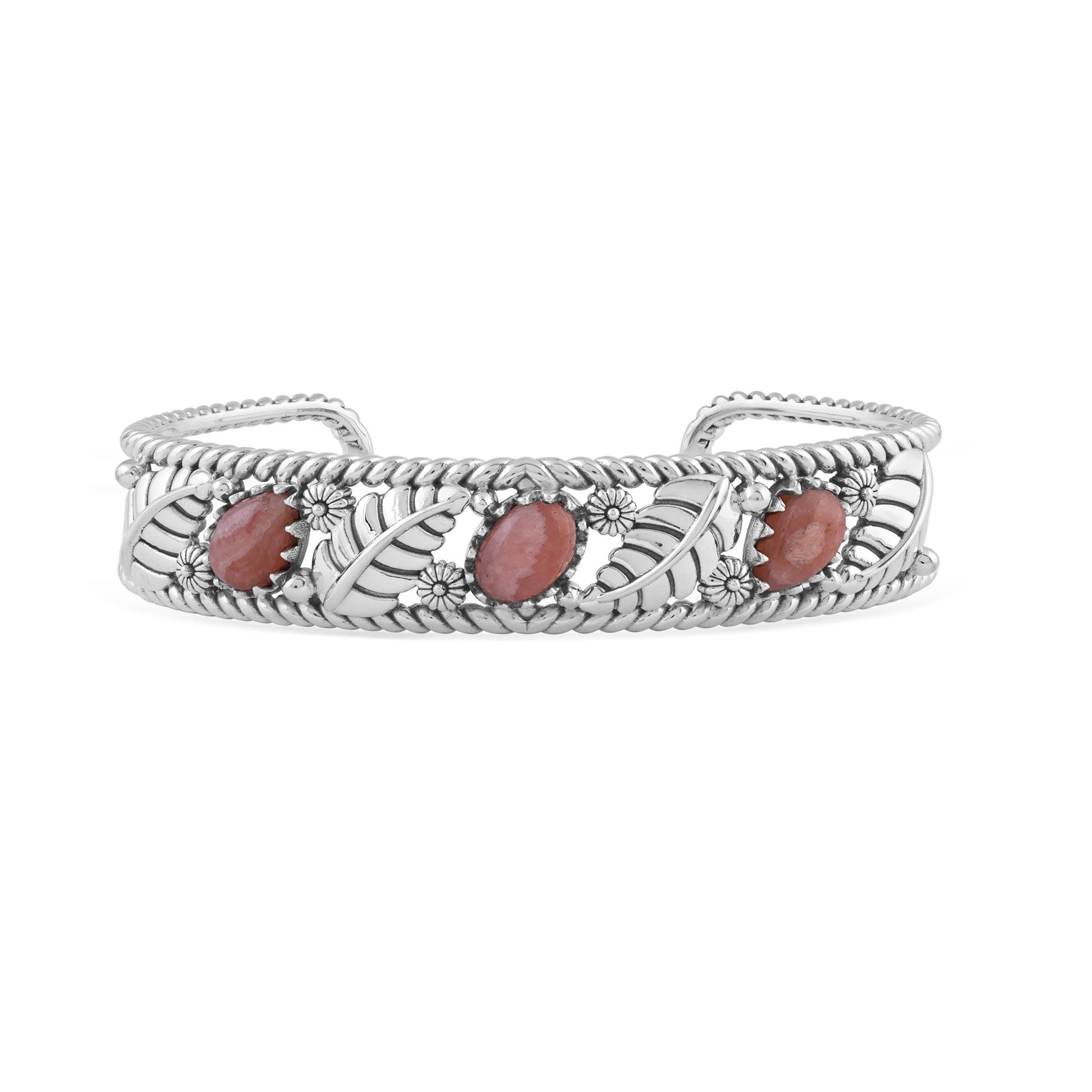  Sterling Silver Rhodochrosite Oval and Pear Leaf Cuff Bracelet