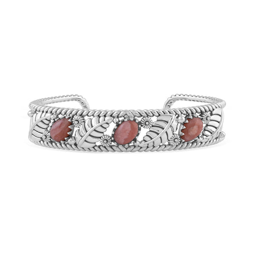  Sterling Silver Rhodochrosite Oval and Pear Leaf Cuff Bracelet