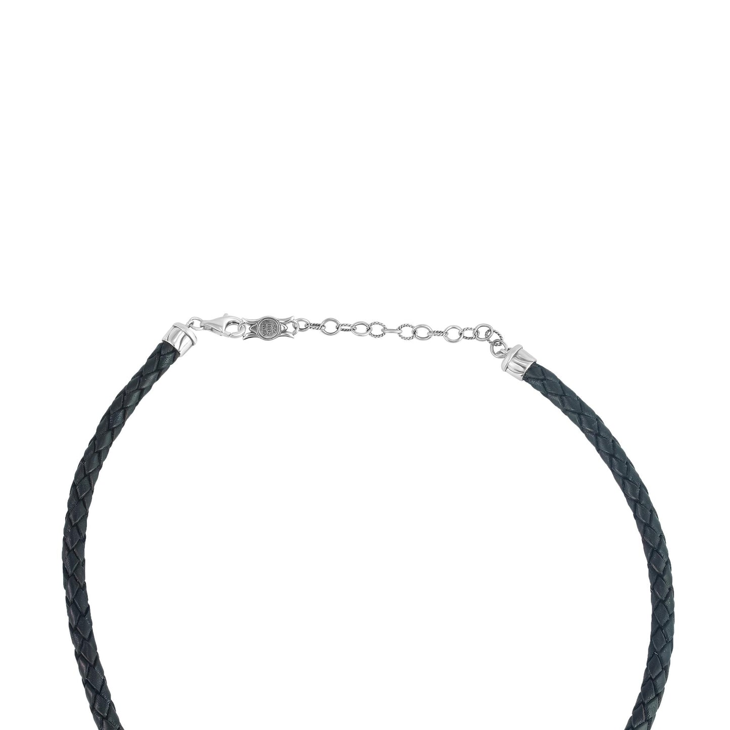 Sterling Silver Kingman Turquoise Black Braided Leather Necklace, 17 to 20 Inches