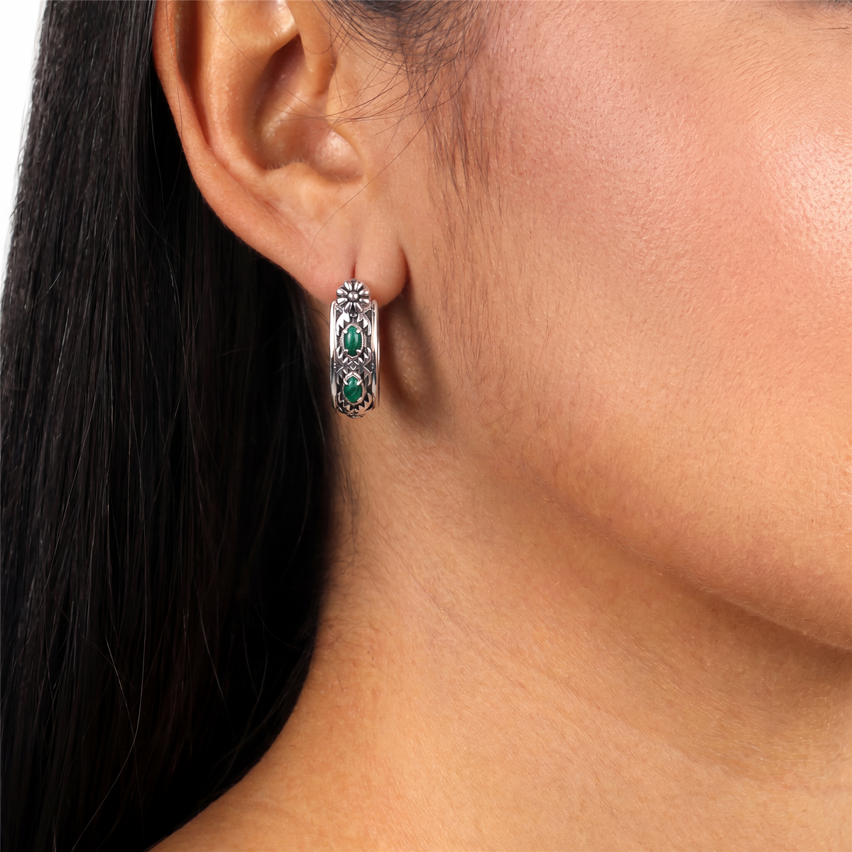 EXCLUSIVELY OURS! Sterling Silver Malachite Marquise Cut Concha Hoop Earrings