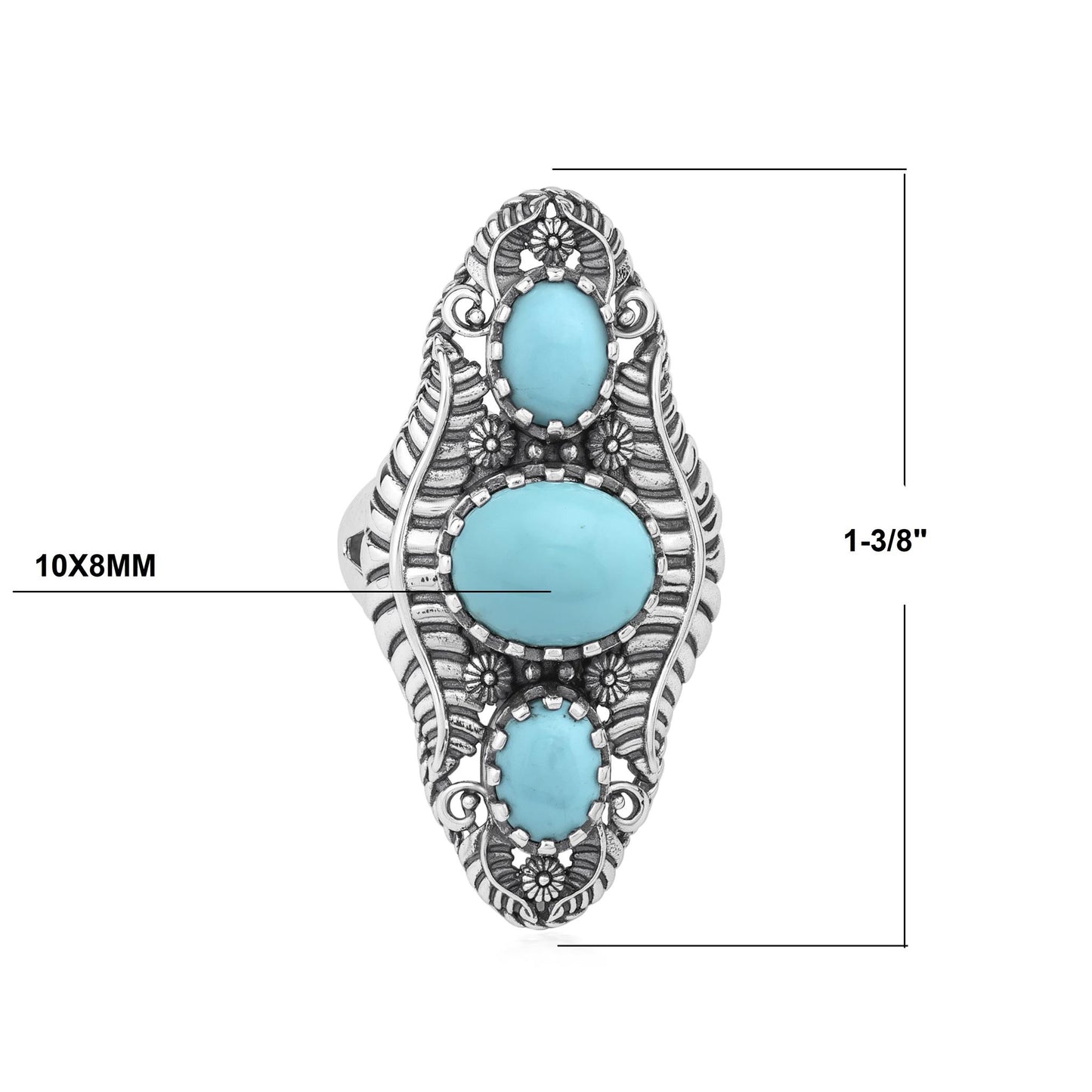 Sterling Silver Sleeping Beauty Turquoise Leaf and Vine Oval Ring