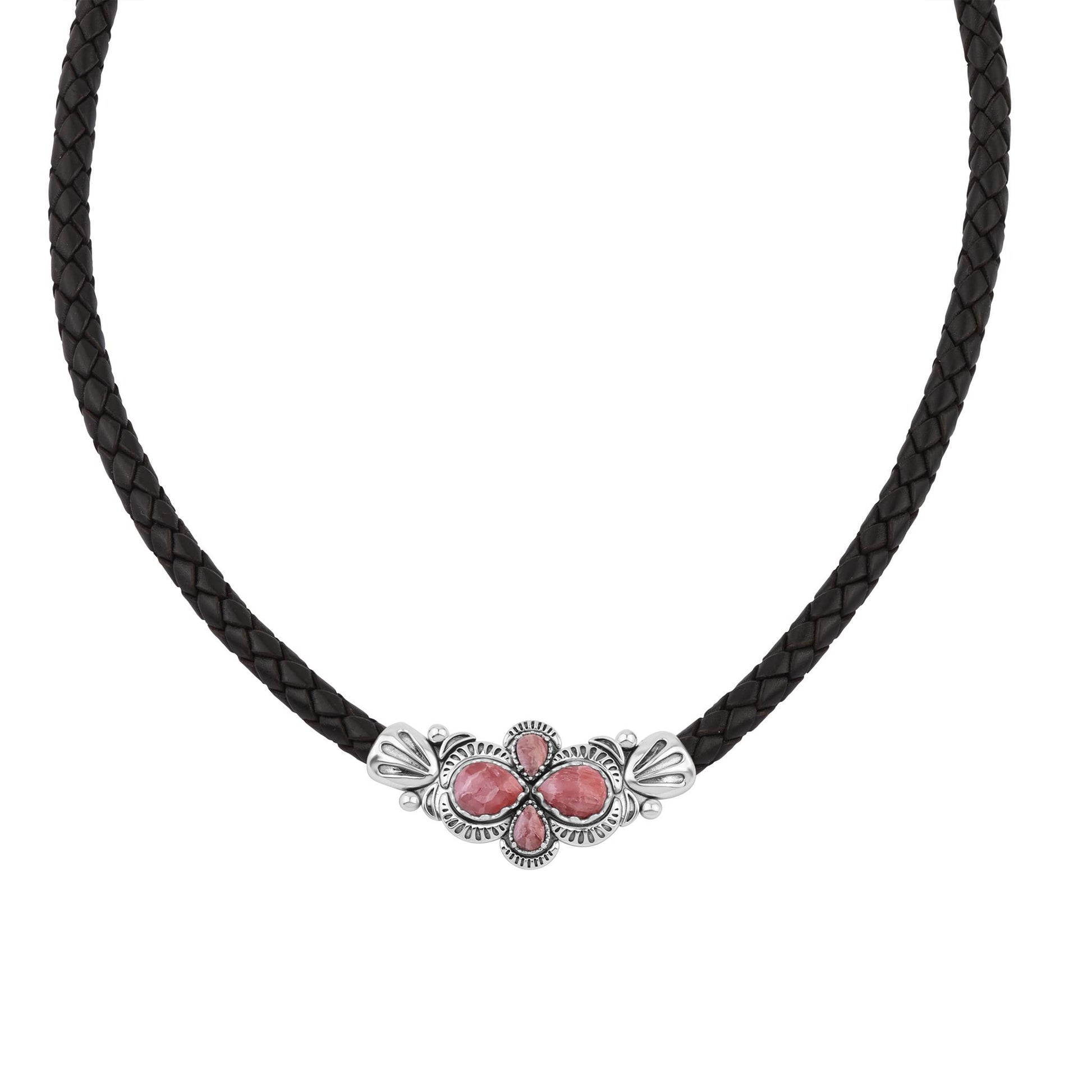  Sterling Silver Rhodochrosite Pear Cluster Black Leather Necklace 