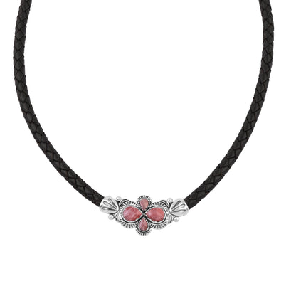  Sterling Silver Rhodochrosite Pear Cluster Black Leather Necklace 