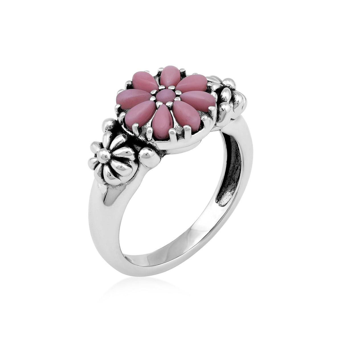 Sterling Silver Pink Concha Shell Cluster Flower Ring