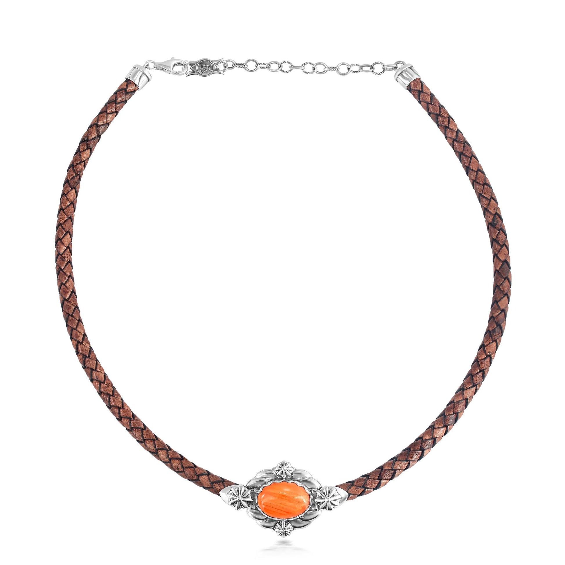 Sterling Silver Orange Spiny Oyster Antique Red-Brown Braided Leather Necklace, 17 to 20 Inches