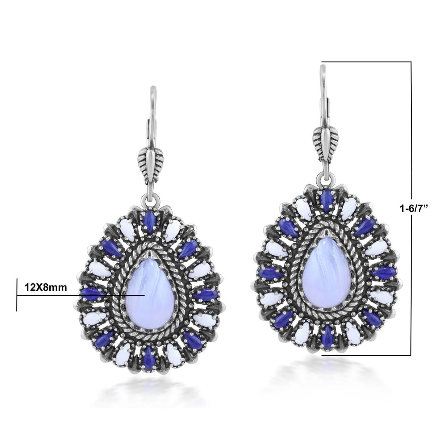 Sterling Silver Blue Lace Agate, Sodalite, and White Agate Cluster Pear Shaped Dangle Earrings