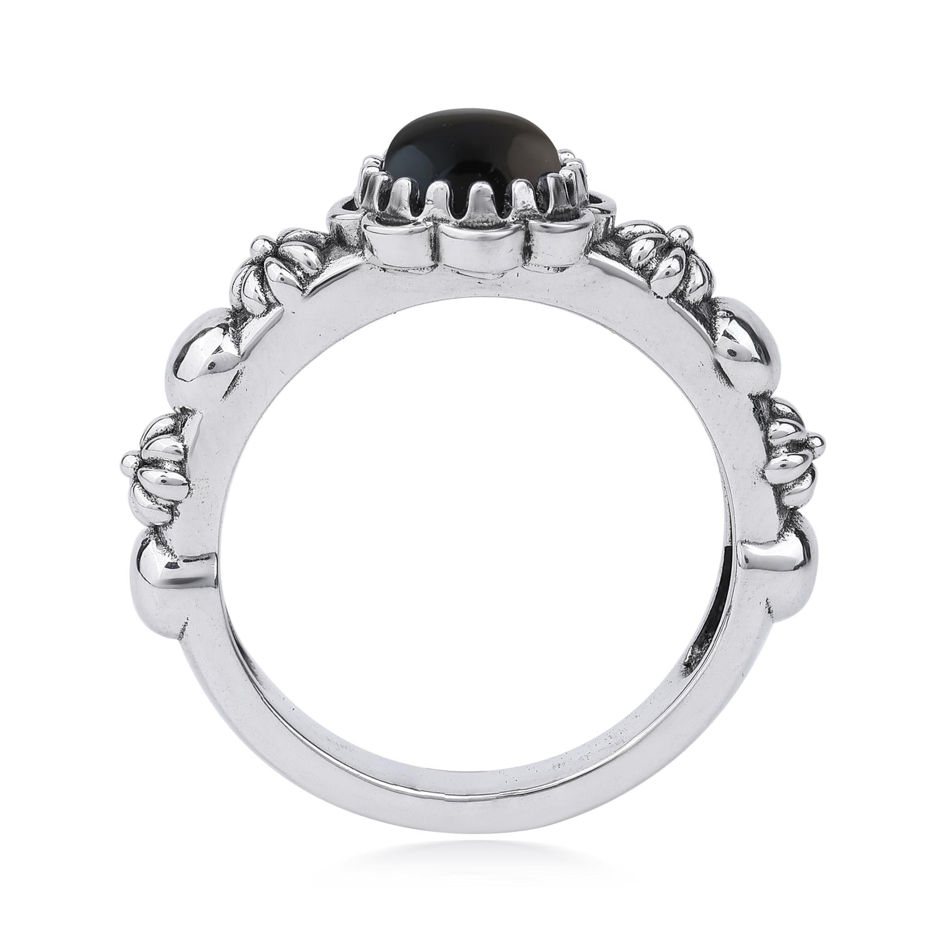  Sterling Silver Black Onyx Single Row Concha Flower Ring